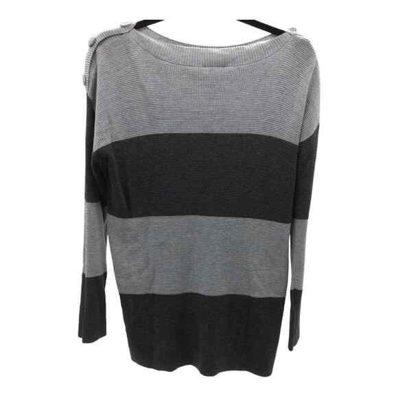 Vince Camuto Women’s Medium Gray Black Stripe Sweater Button Shoulder NWOT - Picture 14 of 15